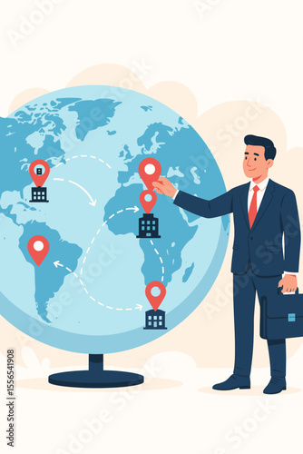 Global business expansion strategy, international company growth, open new branch offices worldwide, franchise locations, CEO planning, global market development, corporate network concept