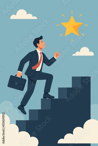 Ambitious businessman climbing stairs toward shining star, symbolizing career success, achievement, motivation, reaching business goals, leadership, growth, reward, opportunity, and aspiration