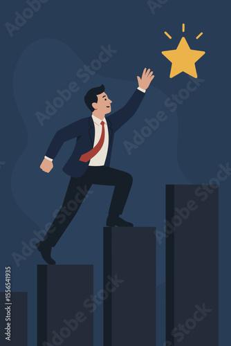 Ambitious businessman climbing bar chart steps reaching for star, symbolizing achievement, business success, goal accomplishment, motivation, leadership, reward, aspiration, and career growth