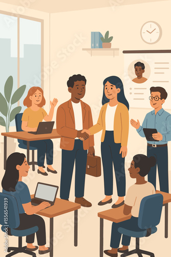 Welcoming New Employee to Modern Office Team, Onboarding Introduction, First Day Training, Diverse Colleagues Collaboration, Business Workplace Integration, Professional Work Environment