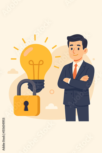 Intellectual property protection concept. Businessman in suit with crossed arms stands beside glowing light bulb locked with padlock. Copyright, patent, idea security, innovation ownership.