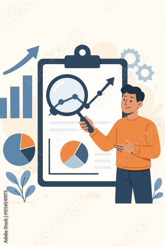KPI key performance indicator analysis, business metrics measurement, success evaluation, data comparison, financial report, pie chart, bar graph, modern flat vector illustration concept