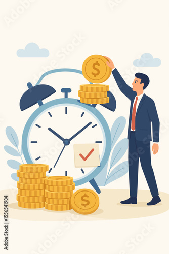 Businessman stacking gold coins on large alarm clock. Time is money concept, financial investment, savings growth, tax reminder, wealth management, deadline, profit planning, flat vector illustration