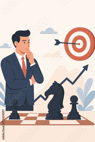 Business strategy planning, leadership, achieving goals, target success, chess thinking, decision making, growth, challenge, businessman, arrow hitting bullseye, concept of tactics and vision