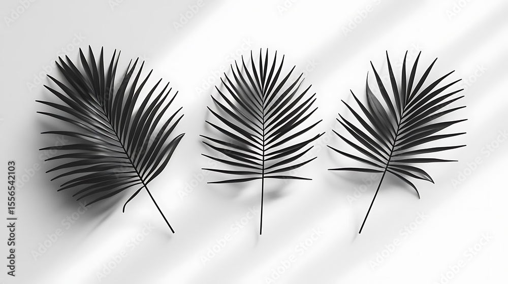 Fototapeta premium Minimalist arrangement featuring three black palm leaves and subtle shadows on a clean white background