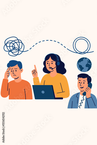 Tangle and Untangle Abstract Metaphor, Business Solutions, Customer Service Hotline, Technical Support, Call Center Operator Advising Client, Global Communication, Problem Solving Concept