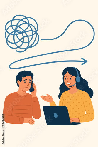 Tangle and Untangle Metaphor. Customer Service Support Hotline Operator Advising Client. Problem Solving, Business Solutions, Technical Assistance, Communication, Guidance, Help Desk, Consulting