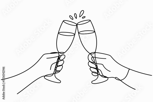 Two hands are holding champagne glasses, clinking together in a celebratory gesture