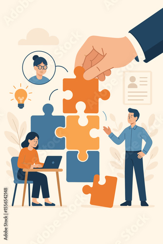 Human resources teamwork concept, assigning right person to right job, HR recruitment, business team collaboration, puzzle pieces, employee selection, modern flat vector illustration