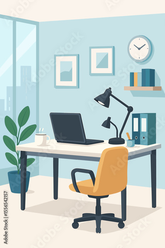 Modern Home Office Workspace Interior. Remote Work Desk with Laptop, Lamp, Coffee Cup, Plant, Folders, Wall Clock. Productivity, Business, Freelance, Creative Work Environment, Urban Apartment Room