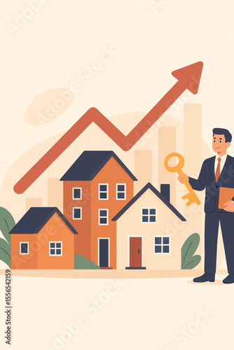 Real estate market growth concept with houses, rising property value, investment, realtor holding key, home buying, increasing housing prices, urban development, realty sales, financial success