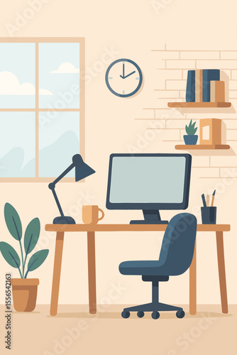 Modern home office workspace interior vector illustration. Cozy remote work desk with computer, chair, lamp, bookshelves, houseplant, window, clock. Minimalist freelance workspace concept background