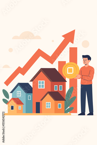 Real estate market growth concept with rising house values, property investment, increasing home prices, investment in real estate, financial growth, housing market trends, buying property