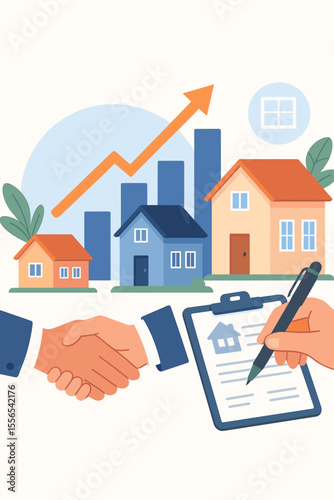 Real estate market growth concept with houses, rising property value, increasing home prices, investment, buying and selling, handshake, contract signing, housing market trends, financial success