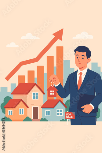 Real estate market growth concept with realtor holding keys, increasing property value, rising house prices, investment, home sales, upward graph, residential housing, realty business success