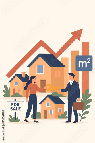 Real estate market growth concept with rising house values, property investment, home buying, increasing square meter prices, real estate agent, for sale sign, residential housing trend