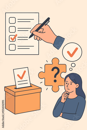 Voting and Decision Making Concept. Marking Ballot Form, Answer Selection, Problem Solving, Finding Right Solution, Ballot Box, Social Research, Election Participation. Modern Flat Vector Illustration