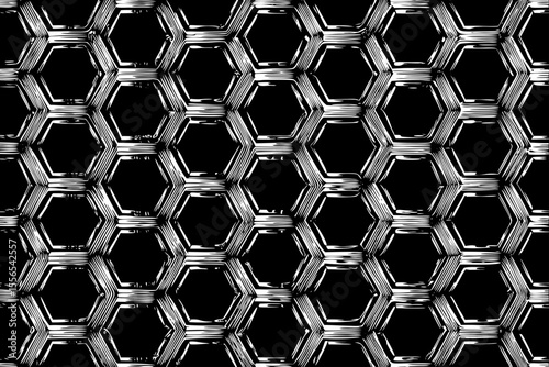Pattern of interlocking hexagons forming a futuristic grid, a black and white sketch vector hand drawn