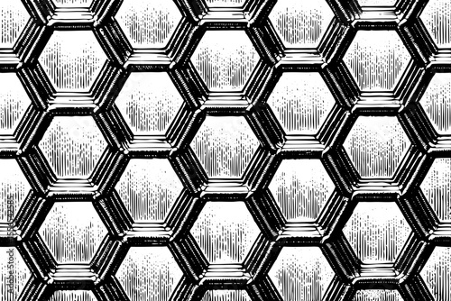 Pattern of interlocking hexagons forming a futuristic grid, a black and white sketch vector hand drawn