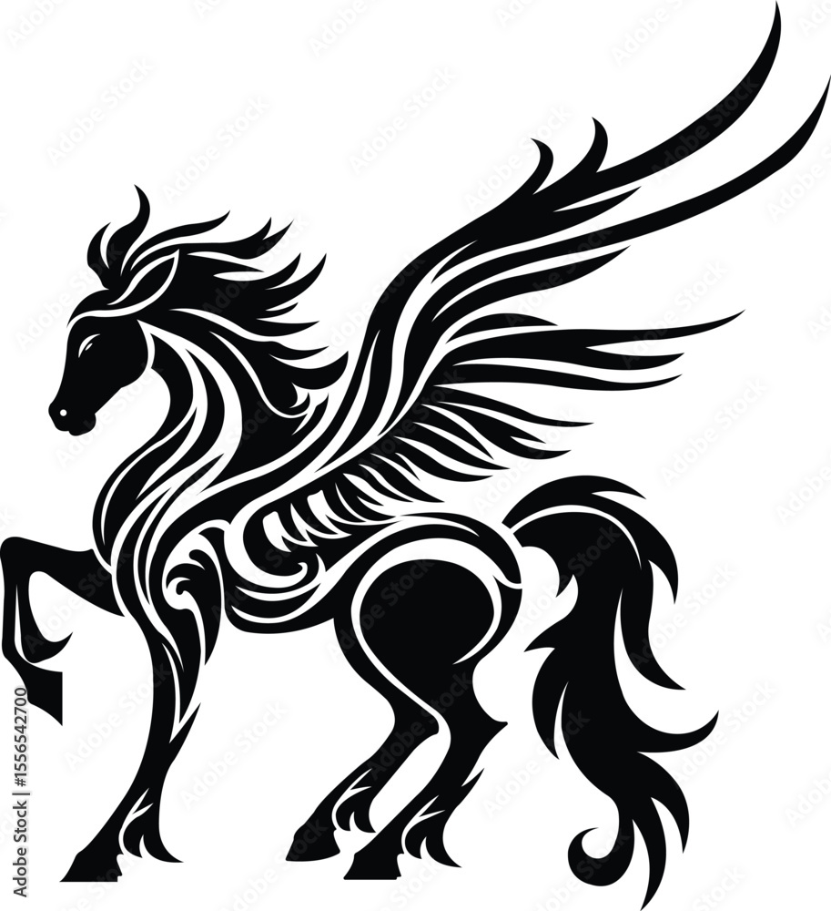 Fototapeta premium horse vector powerful flying horse silhouette with elaborate swirling tribal elements, majestic winged horse silhouette