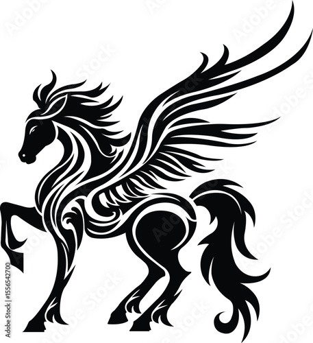 horse vector powerful flying horse silhouette with elaborate swirling tribal elements, majestic winged horse silhouette