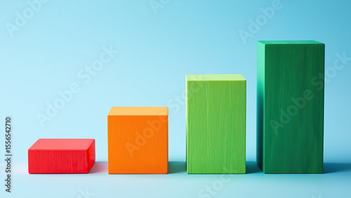 Colorful Growth Chart Blocks on Light Blue Background Displaying Upward Trend and Progress, Representing Business Success, Achievement, and Positive Development