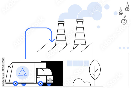 Waste management truck unloading at industrial facility, factory chimneys releasing emissions, recycling concept. Ideal for sustainability, environment, industry, waste management, ecology