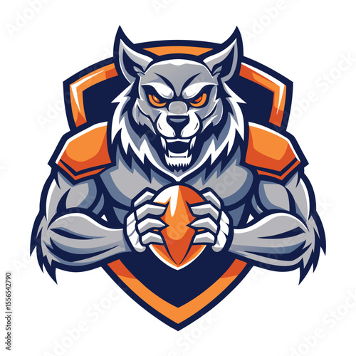 Fierce wolf mascot illustration holding a football emblem representing sports team competitiveness and strength