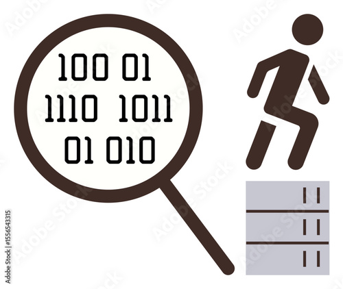 Magnifying glass focusing on binary code alongside a figure ascending data blocks. Ideal for data analysis, cybersecurity, digital transformation, coding, problem-solving, innovation, growth. Simple