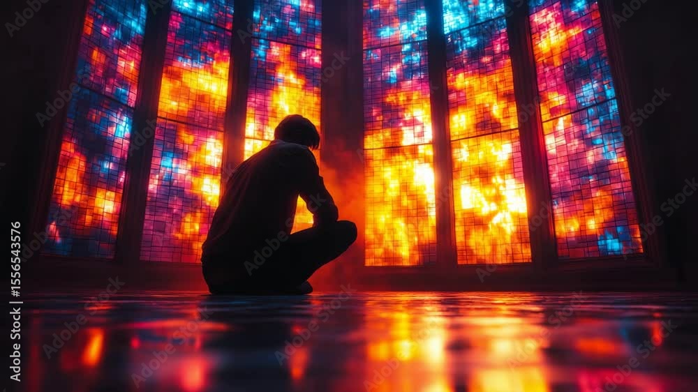 Man kneeling in prayer as colorful stained glass windows illuminate surrounding space with flickering light, emotional visual loop with vibrant red, orange and blue hues, for spiritual themes