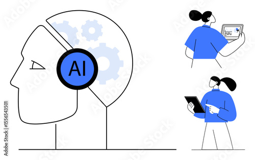 Human head with AI label and gears symbolizing intelligent systems, paired with people interacting with devices. Ideal for AI, automation, technology, innovation, business, communication, simple