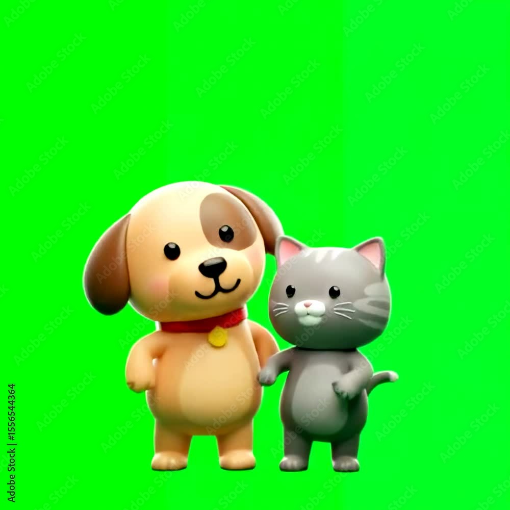 Adorable 3D animated cartoon dog and cat characters hugging as best friends on a green screen background Adorable 3D animated cartoon dog and cat characters hugging as best friends on a green screen background