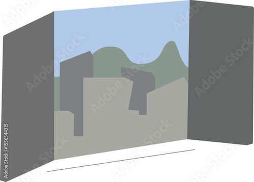 Flat illustration of a simple window with a city view, and clear sky
