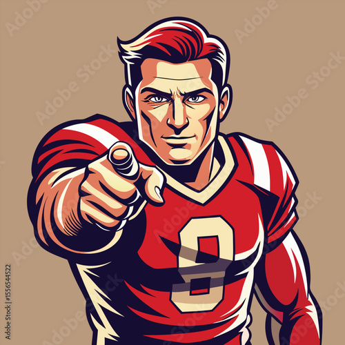 Illustration of a confident american football player pointing forward directly at the viewer with determination