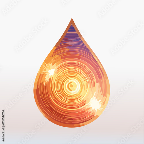 teardrop form in burnished copper foil with concentric heat-ripple gradients radiating outward