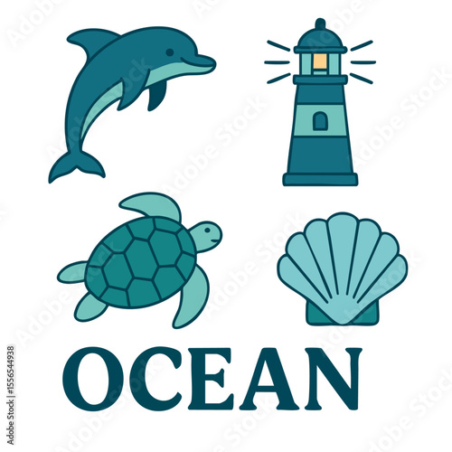 A set of five vibrant ocean-themed vector stickers featuring a playful dolphin, a sea turtle with a geometric shell pattern, a classic lighthouse emitting light beams, a scallop shell, and the word "O