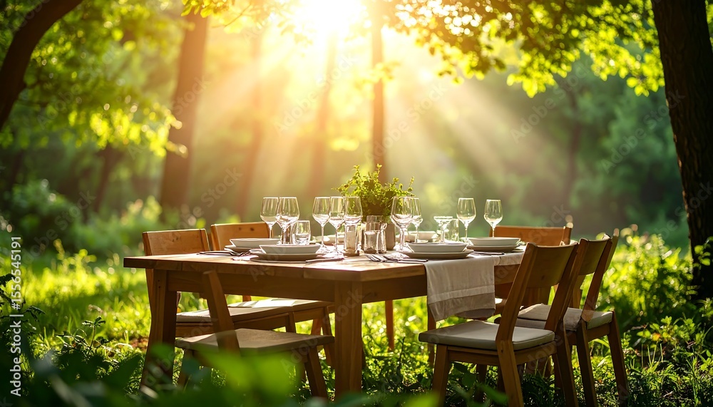 Obraz premium Outdoor dining table in a sunlit forest