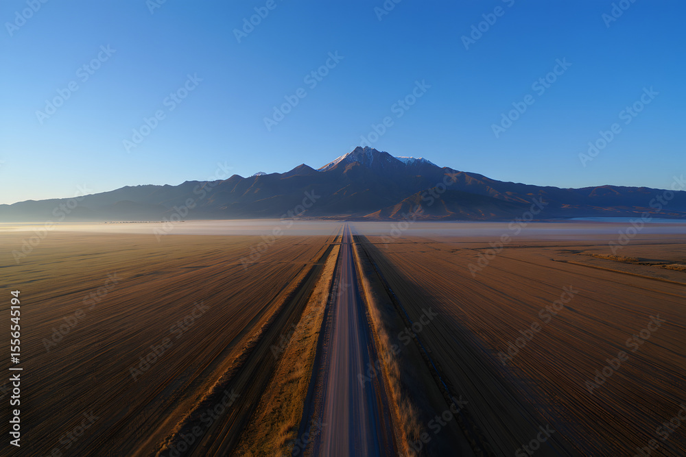 Fototapeta premium Aerial View: Serene Country Road Leading to Majestic Snow-Capped Mountains at Sunrise