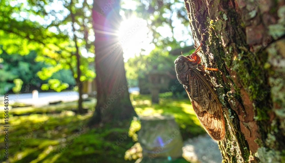 Obraz premium 夏詣での蝉と木洩れ日の静寂