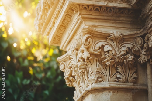 Intricate stone column capital, adorned with elaborate carvings, basking in golden sunlight.