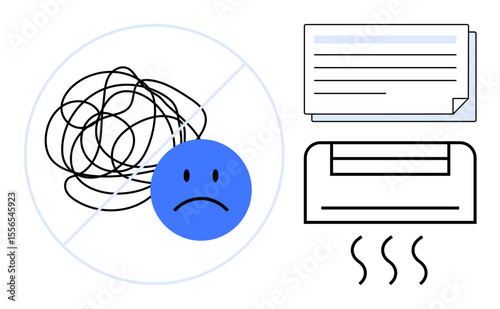 Sad blue face with tangled lines contrasted by paper organizer and heating device. Ideal for stress, organization, productivity, comfort, stress relief, mental health, and emotional management