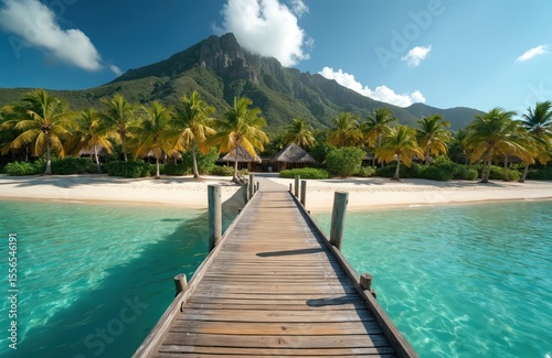 Paradise beach with wooden pier bridge turquoise water at St Kitts And Nevis island. Palm trees, lush jungle, high mountain. Tropical vacation resort, travel destination. Sunny weather, blue sky.