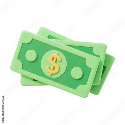 Stylized 3d illustration of a stack of green dollar bills with a prominent yellow dollar sign isolated on transparent background