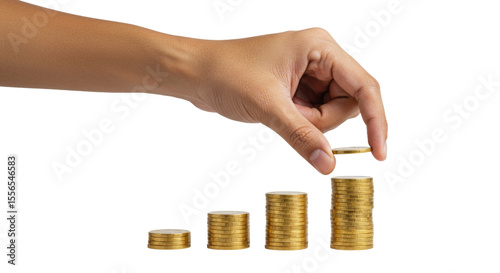 Hand stacking gold coins in growing height levels isolated on transparent background