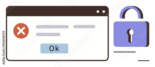 Browser error window displaying a red cross, text lines, an Ok button, and a padlock highlighting access restriction or security. Ideal for cybersecurity, access denial, internet safety, error pages