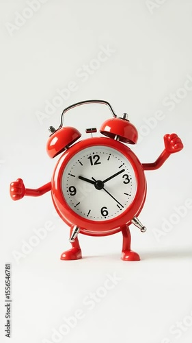 Animated Red Alarm Clocks Parade on White Background, Time Concept Visual