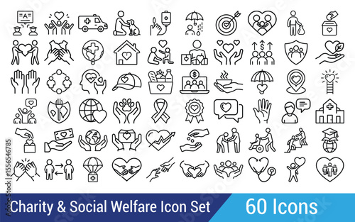 Charity and Social Welfare Icon Set Featuring Education Healthcare and Community Support Initiatives Depicting Acts of Kindness Generosity and Compassion for a Better World