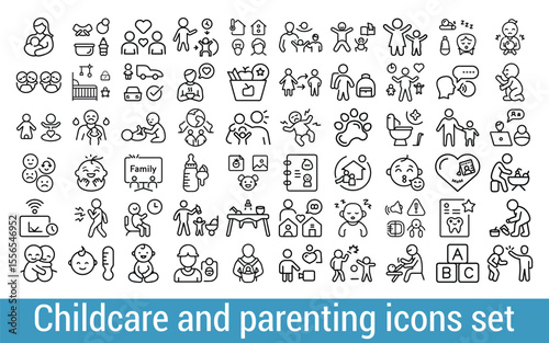 Diverse Childcare and Parenting Icons Collection Linear Style Depicting Family Babycare and Childhood Stages Parenting Support and Family Well being with Home Settings and Parenthood Aspects