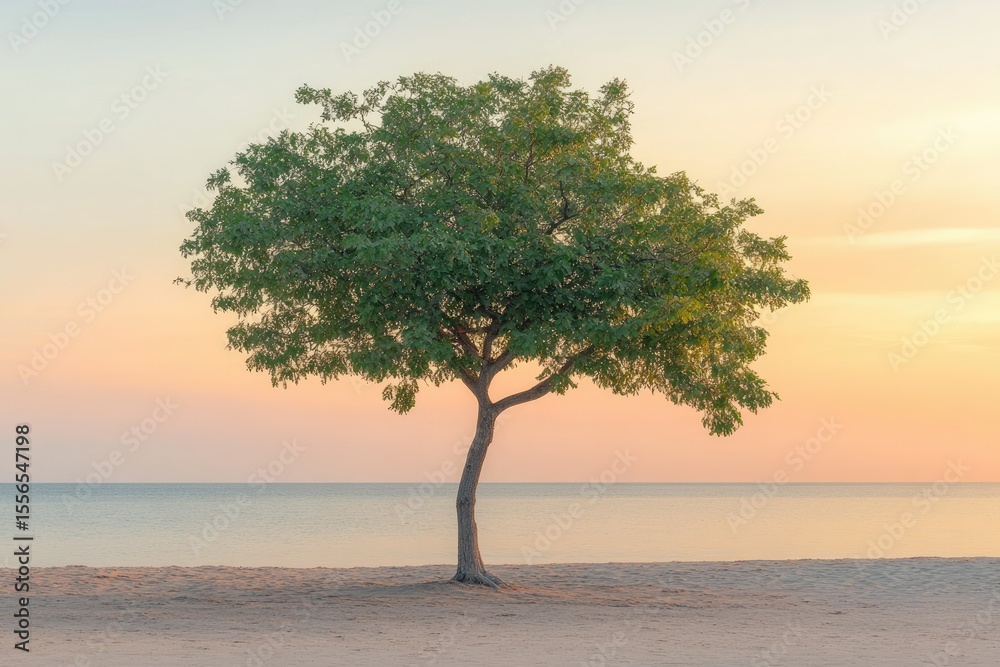 Solitary tree on a tranquil beach at sunset, serene and peaceful. Solitary tree on a tranquil beach at sunset, serene and peaceful.