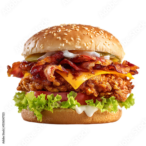 Mouthwatering Bacon Cheddar Crispy Chicken Burger on transparent Background